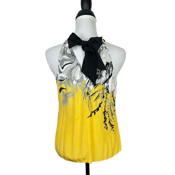 T Tahari Yellow & Black Floral Print 100% Silk Sleeveless Halter Neck Blouse - Picture 2 of 9